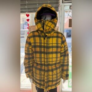 The North Face Yellow and Green Plaid Kids Puffer Jacket